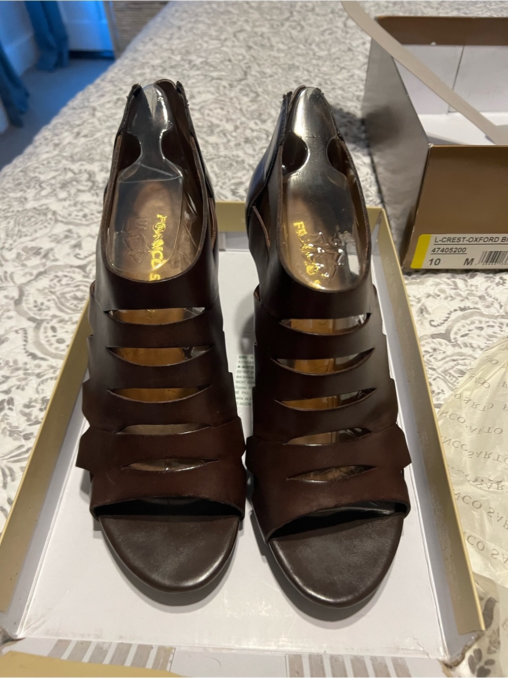 Franco Sarto  Crest  Women's Dark Brown Strappy Cutout Leather Heeled Sandals